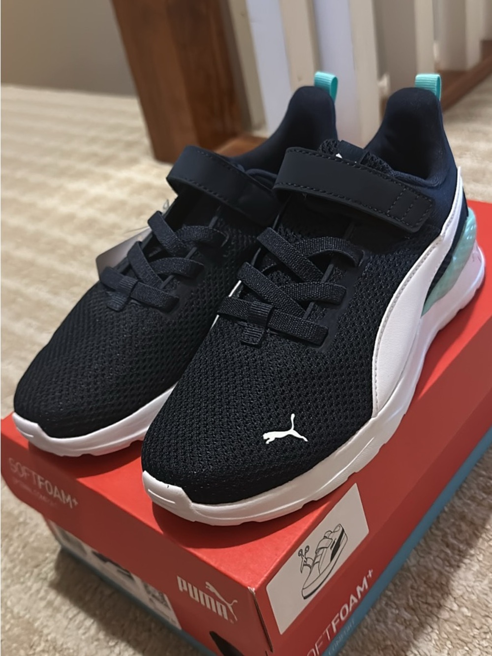 Puma Kids Navy and White Sneakers with Teal Heel Tab